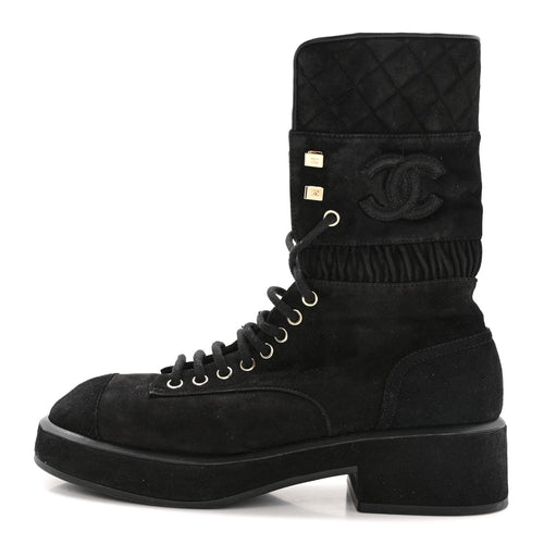 Suede Quilted Lace Up Combat Boots Black