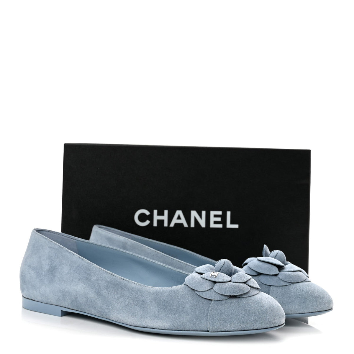 Chanel Suede Cap Toe Camellia Women's Ballerina Flats Light Blue