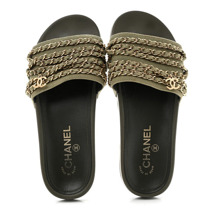Chanel Canvas Women's Chain Flat Sandals 38 Khaki