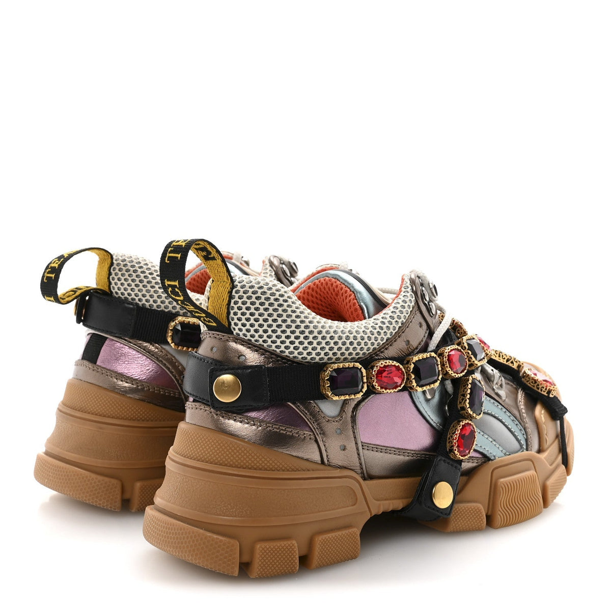 Gucci Metallic Calfskin Mesh Women's Flashtrek Sneakers 36 Rame Mystic White Lago