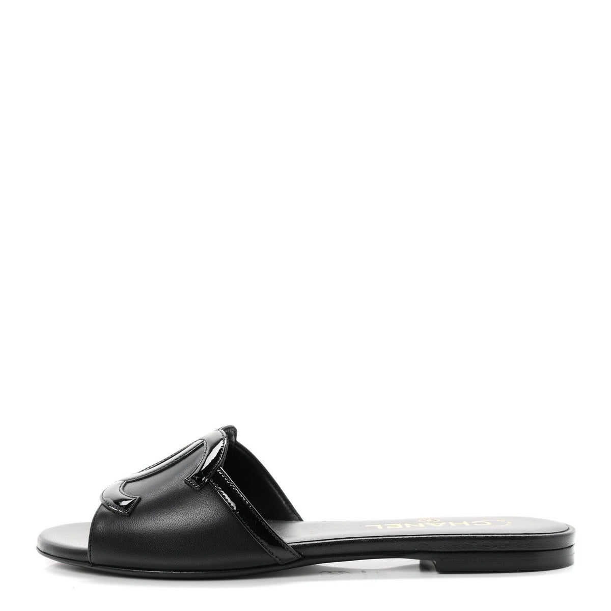 Lambskin Patent Calfskin CC Cutout Mules Black