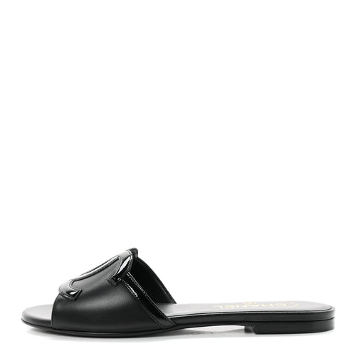 Lambskin Patent Calfskin CC Cutout Mules Black