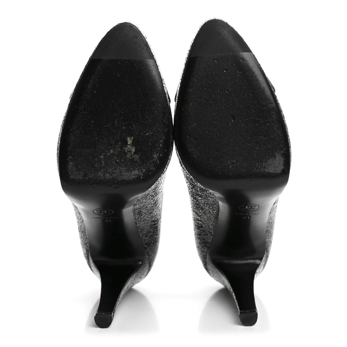 Chanel Metallic Crackled Calfskin Patent Cap Toe Women's Pumps 41 Silver Black