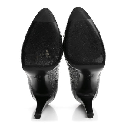 Chanel Metallic Crackled Calfskin Patent Cap Toe Women's Pumps 41 Silver Black