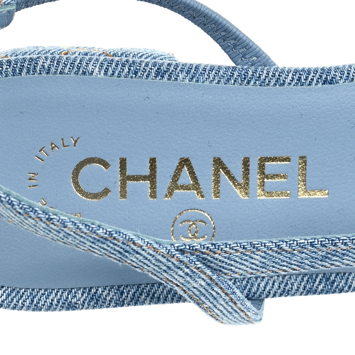 Chanel Denim Quilted CC Cap Toe Women's Slingback Flats Light Blue