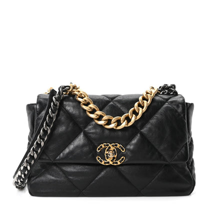 Large Quilted Goatskin Flap Shoulder Bag - Black