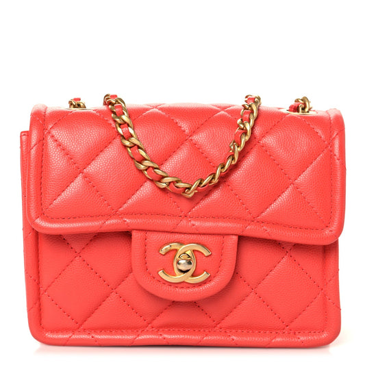 Mini Quilted Caviar Flap Shoulder Bag - Red