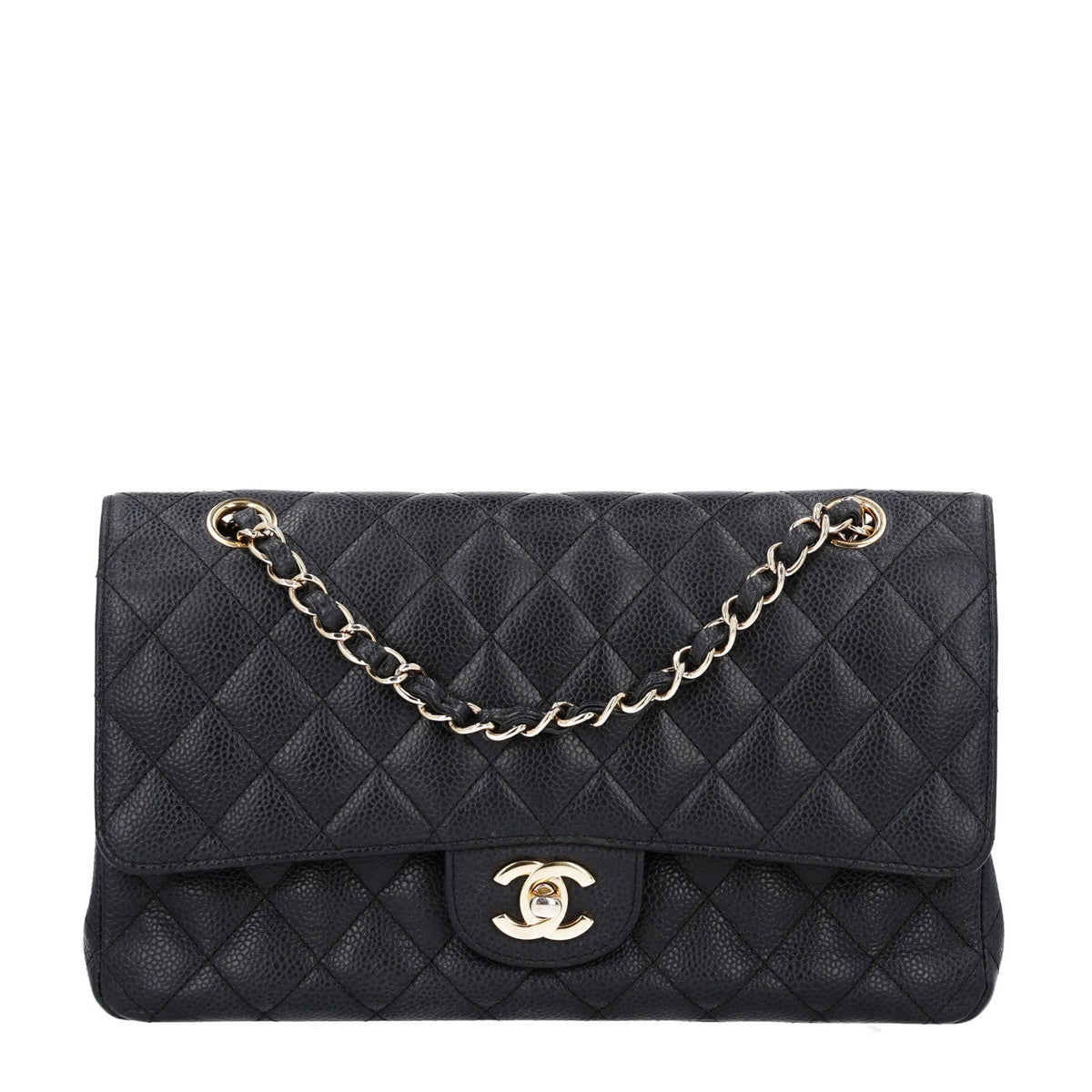 Medium Quilted Caviar Flap Shoulder Bag - Black