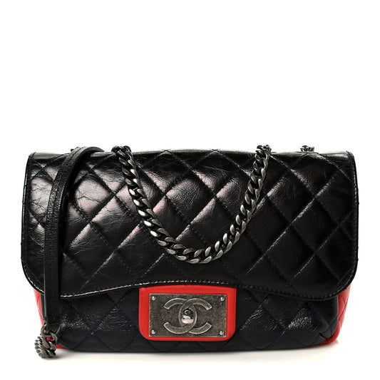 Quilted Goatskin Flap Shoulder Bag - Black