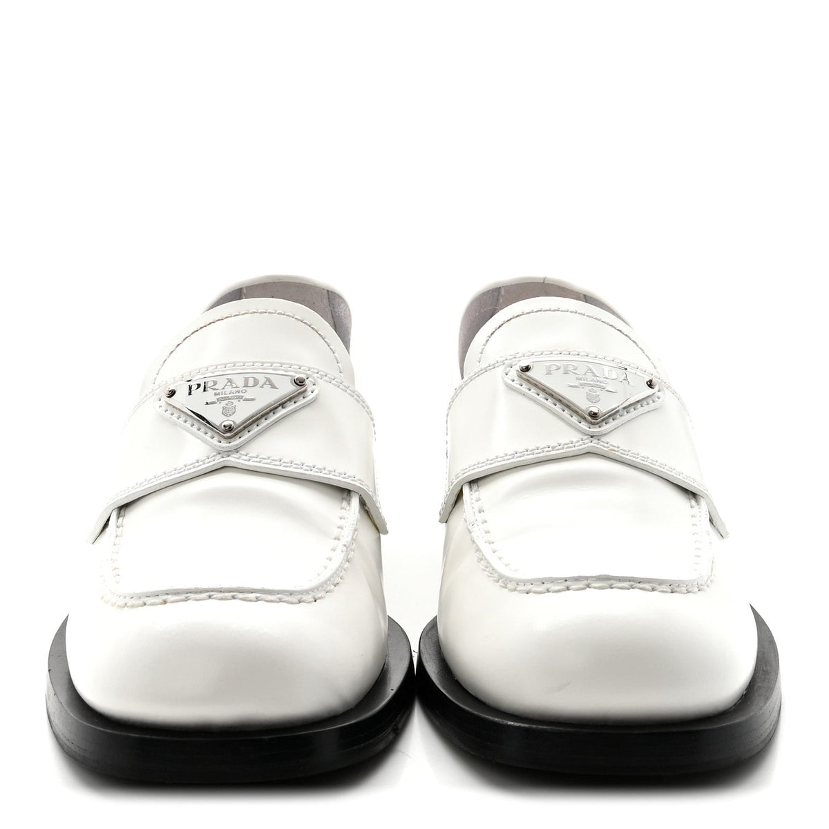 Prada Spazzolato Metal Triangle Logo 20mm Women's Loafers White