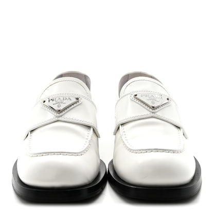 Prada Spazzolato Women's Triangle Logo 20mm Loafers 35 White