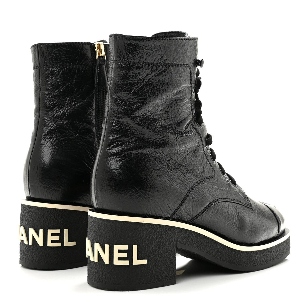Chanel Shiny Crumpled Lambskin Lace Up Combat Women's Boots