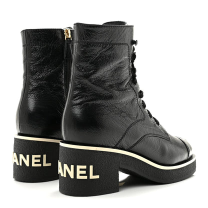 Chanel Shiny Crumpled Lambskin Lace Up Combat Women's Boots