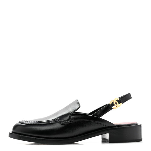 Glazed Calfskin CC Slingback Flats Black