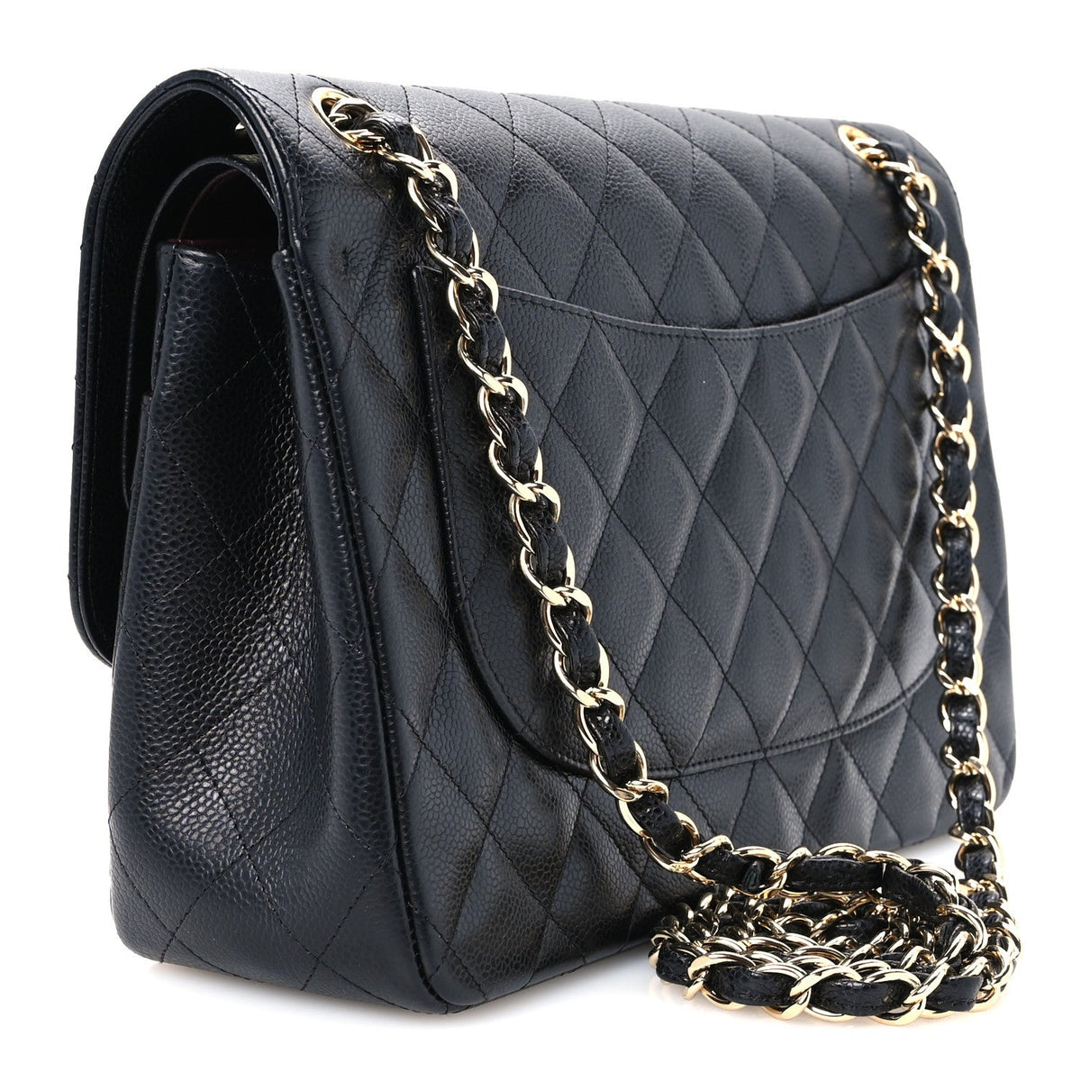 Quilted Caviar Flap Shoulder Bag - Black