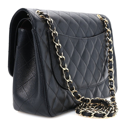 Quilted Caviar Flap Shoulder Bag - Black