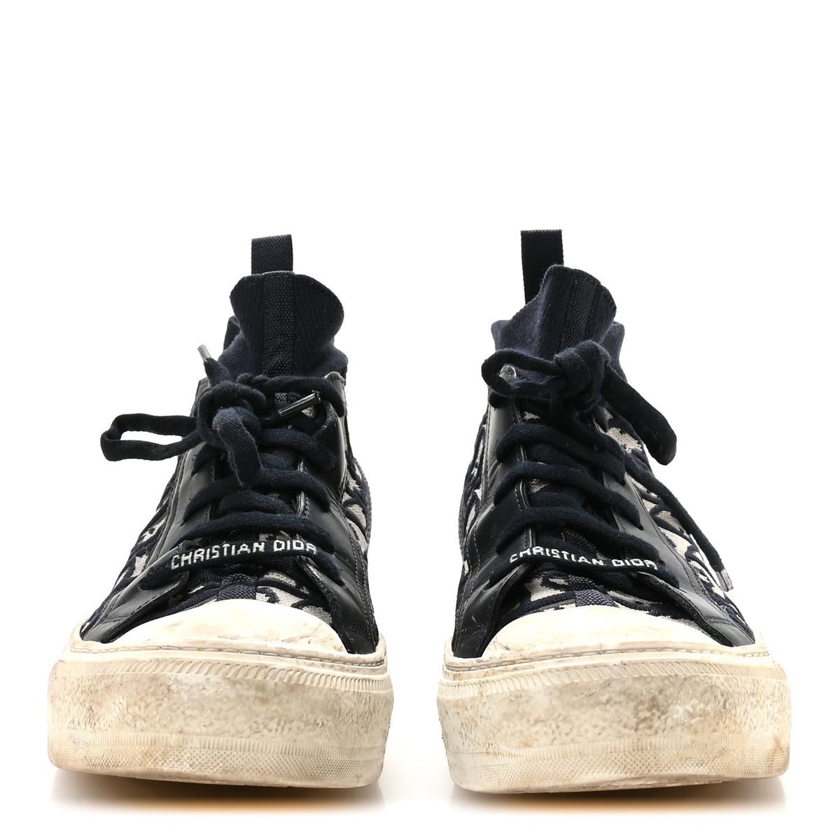Christian Dior Technical Knit Calfskin Oblique Women's Walk'n Dior Mid Top Sneakers 35 Deep Blue