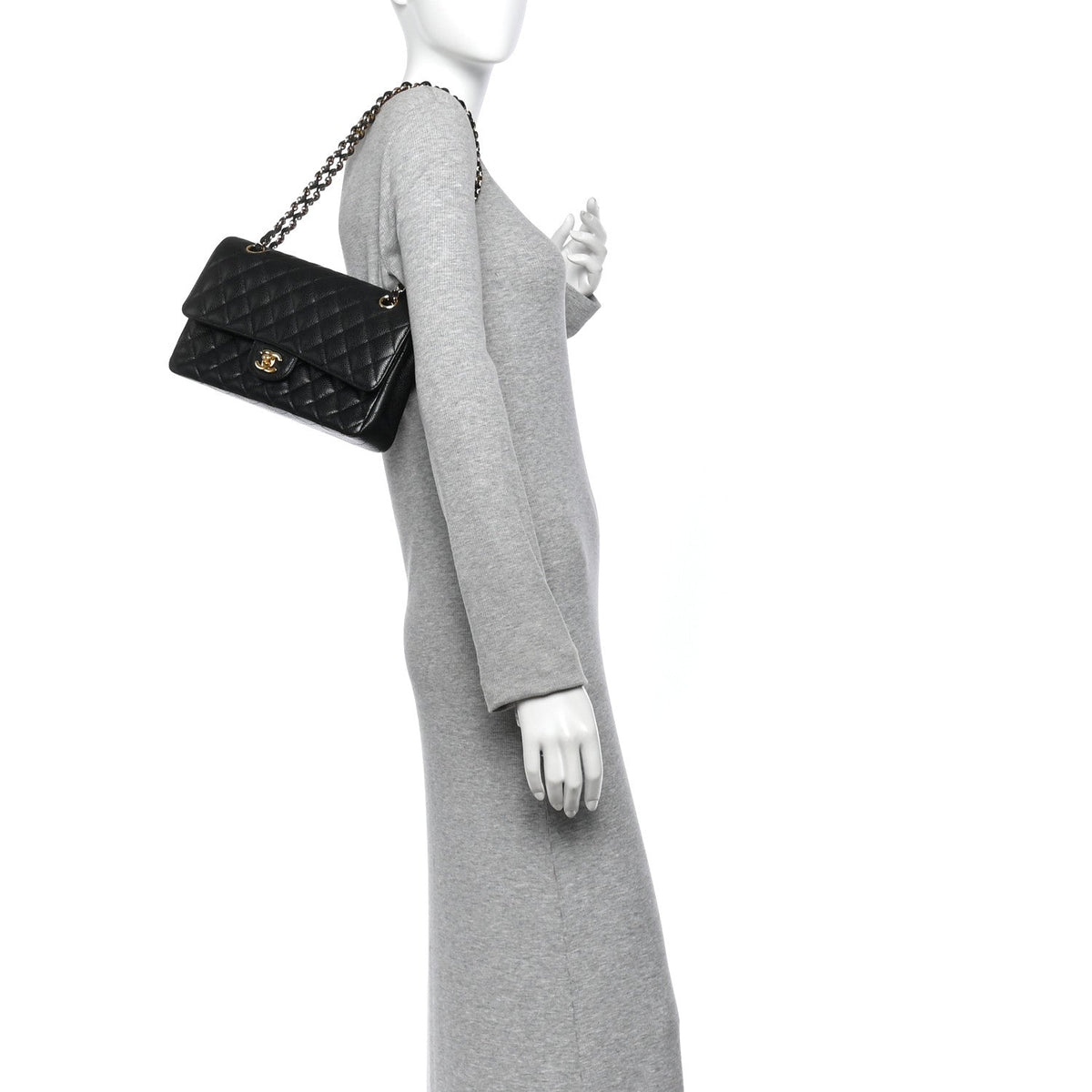 Medium Quilted Caviar Flap Shoulder Bag - Black