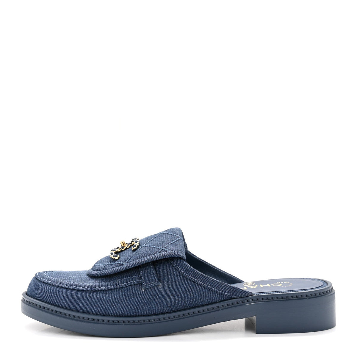 Fabric Quilted CC Turnlock Mules Blue