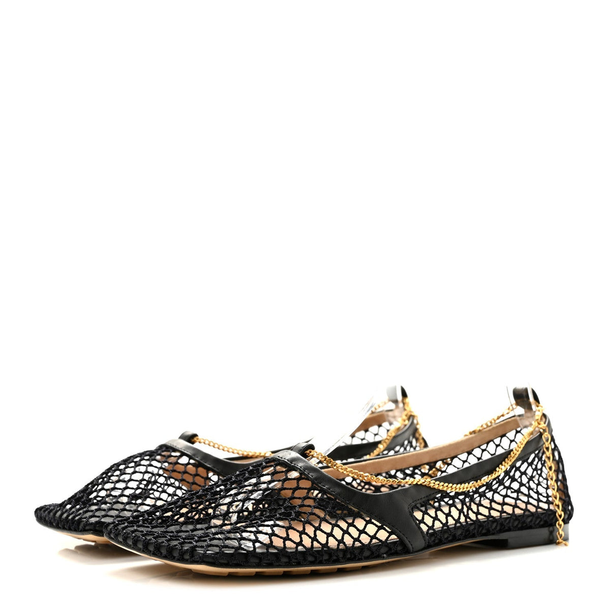 Bottega Veneta Mesh Nappa Women's Chunky Chain Stretch Ballerina Flats 36 Black