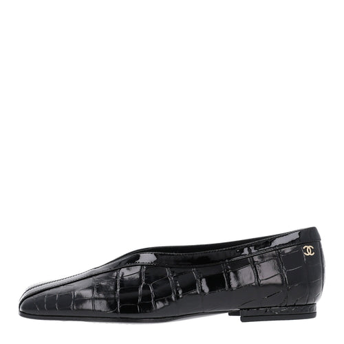 Patent Calfskin Crocodile Embossed Ballet Flats Black