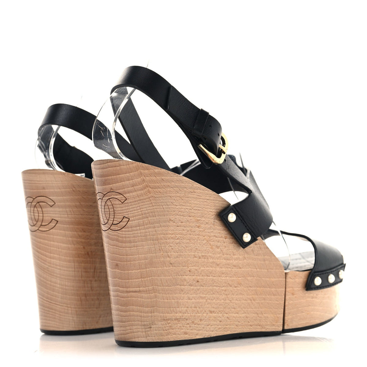 Chanel Wood Calfskin Women's CC Hinge Wedge Sandals 41 Black