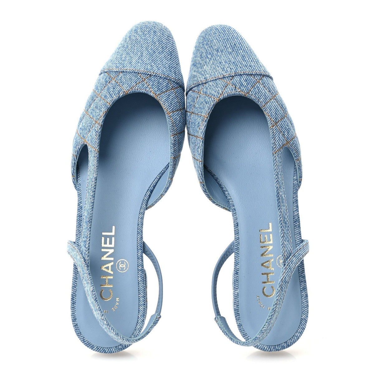 Chanel Denim Quilted CC Cap Toe Women's Slingback Flats Light Blue