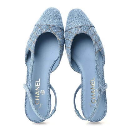 Chanel Denim Quilted CC Cap Toe Women's Slingback Flats Light Blue