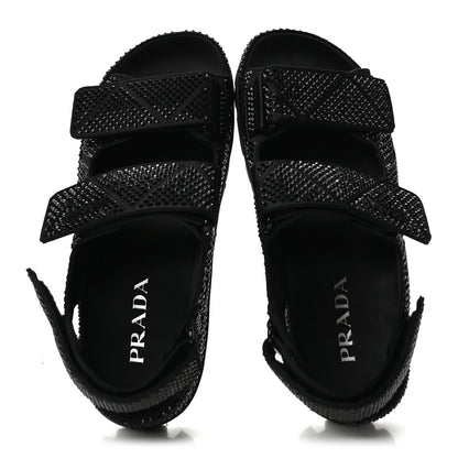 Prada Satin Crystal Women's Logo Velcro Sandals 37.5 Black
