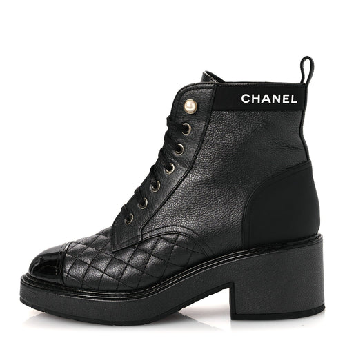 Pearly Calfskin Patent Calfskin Lace Up Combat Boots Black