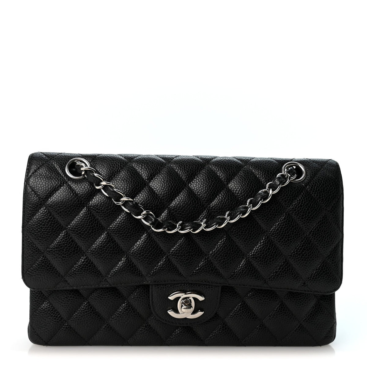 Medium Quilted Caviar Flap Shoulder Bag - Black
