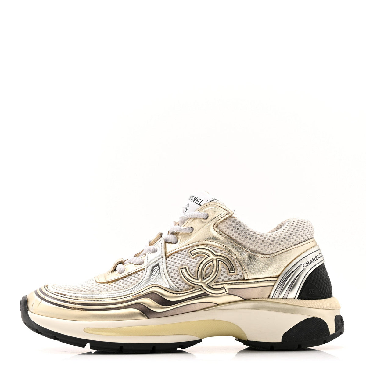 Fabric Laminated Calfskin Stretch CC Sneakers White Gold Silver