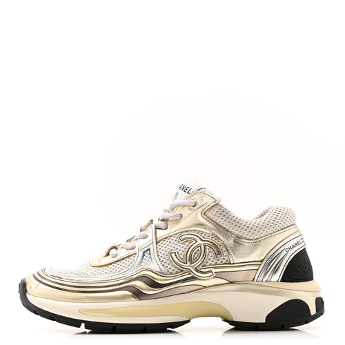 Fabric Laminated Calfskin Stretch CC Sneakers White Gold Silver