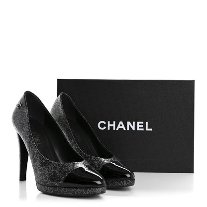 Chanel Metallic Crackled Calfskin Patent Cap Toe Women's Pumps 41 Silver Black