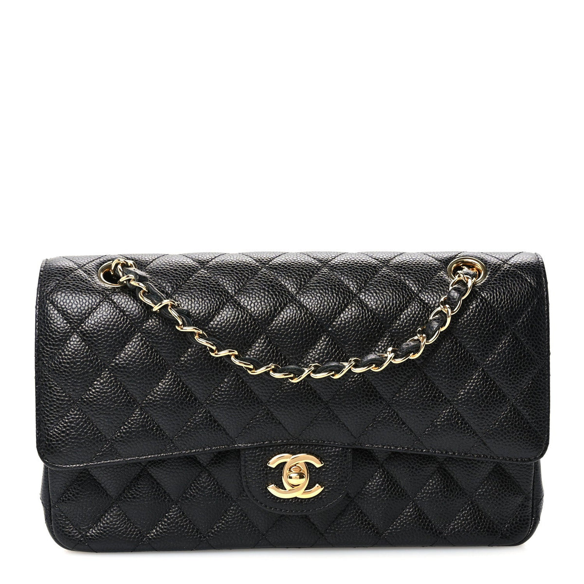 Medium Quilted Caviar Flap Shoulder Bag - Black
