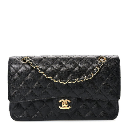 Medium Quilted Caviar Flap Shoulder Bag - Black