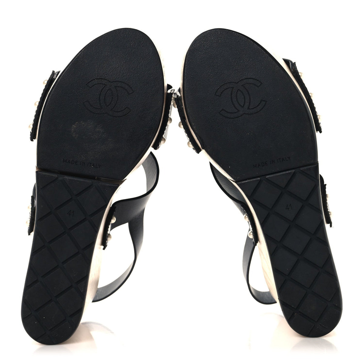 Chanel Wood Calfskin Women's CC Hinge Wedge Sandals 41 Black