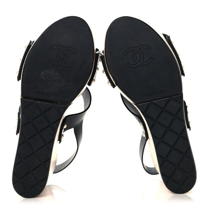 Chanel Wood Calfskin Women's CC Hinge Wedge Sandals 41 Black