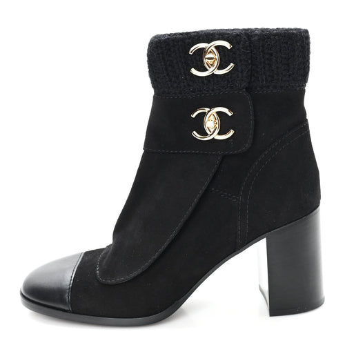 Suede Lambskin Knit CC Short Boots Black