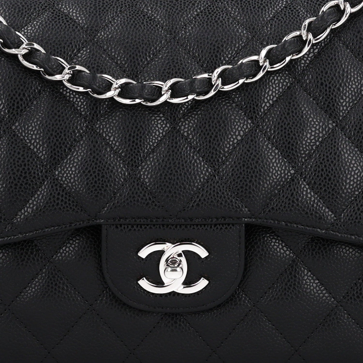 Quilted Caviar Flap Shoulder Bag - Black