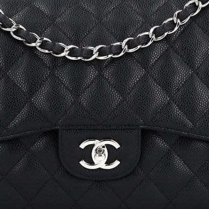 Quilted Caviar Flap Shoulder Bag - Black