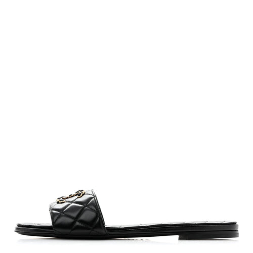 Shiny Goatskin Quilted CC Mules Sandals Black