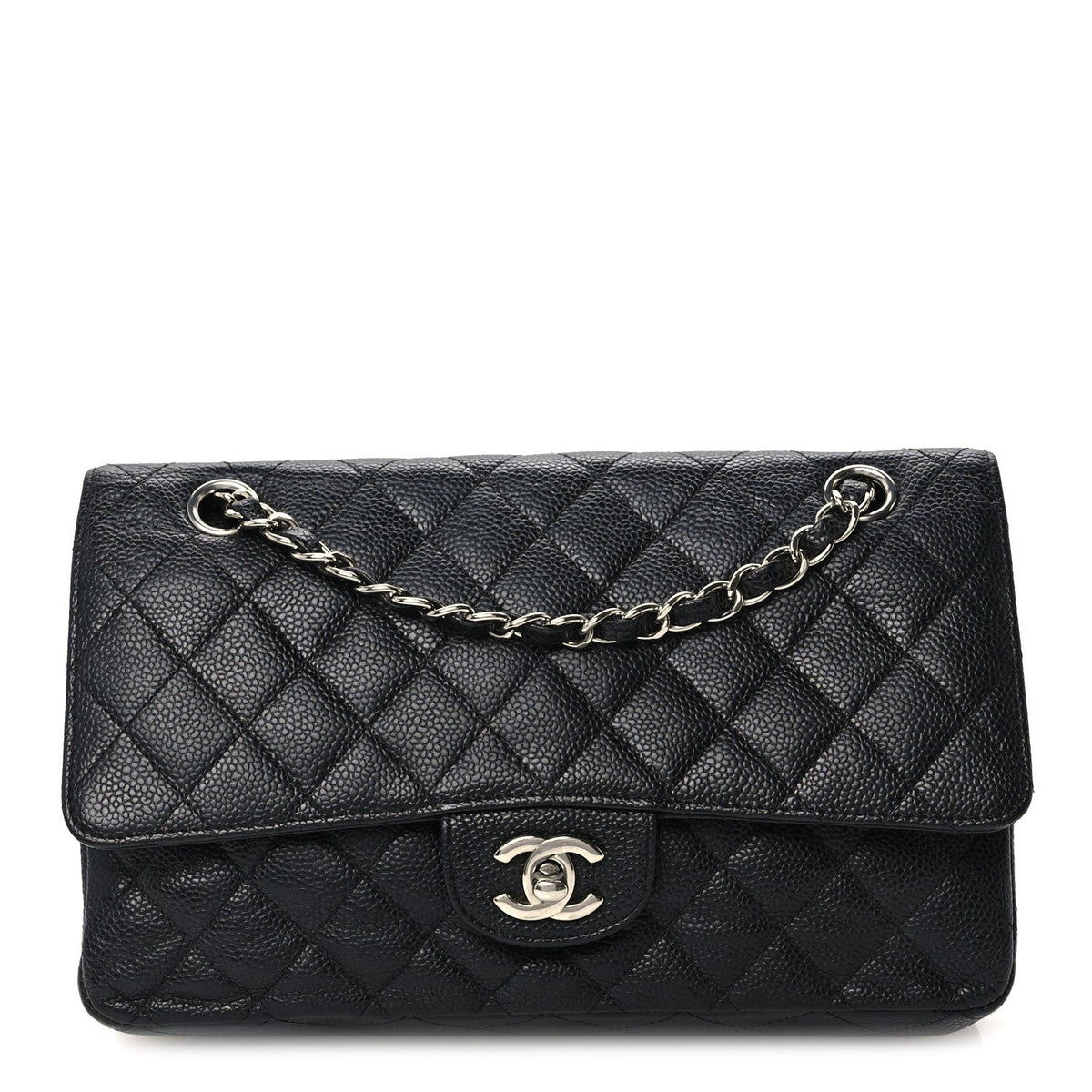 Medium Quilted Caviar Flap Shoulder Bag - Black