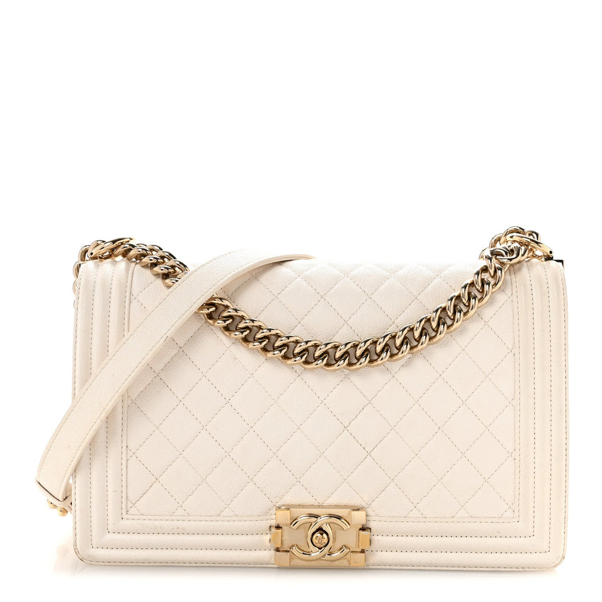 Medium Quilted Caviar Flap Shoulder Bag - White