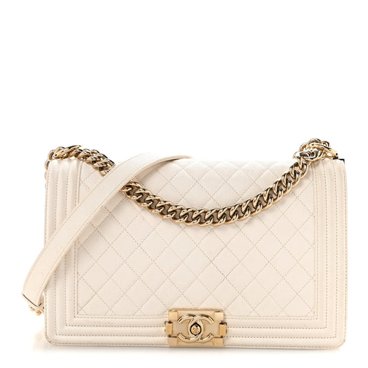 Medium Quilted Caviar Flap Shoulder Bag - White