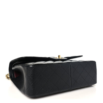 Quilted Caviar Flap Shoulder Bag - Black