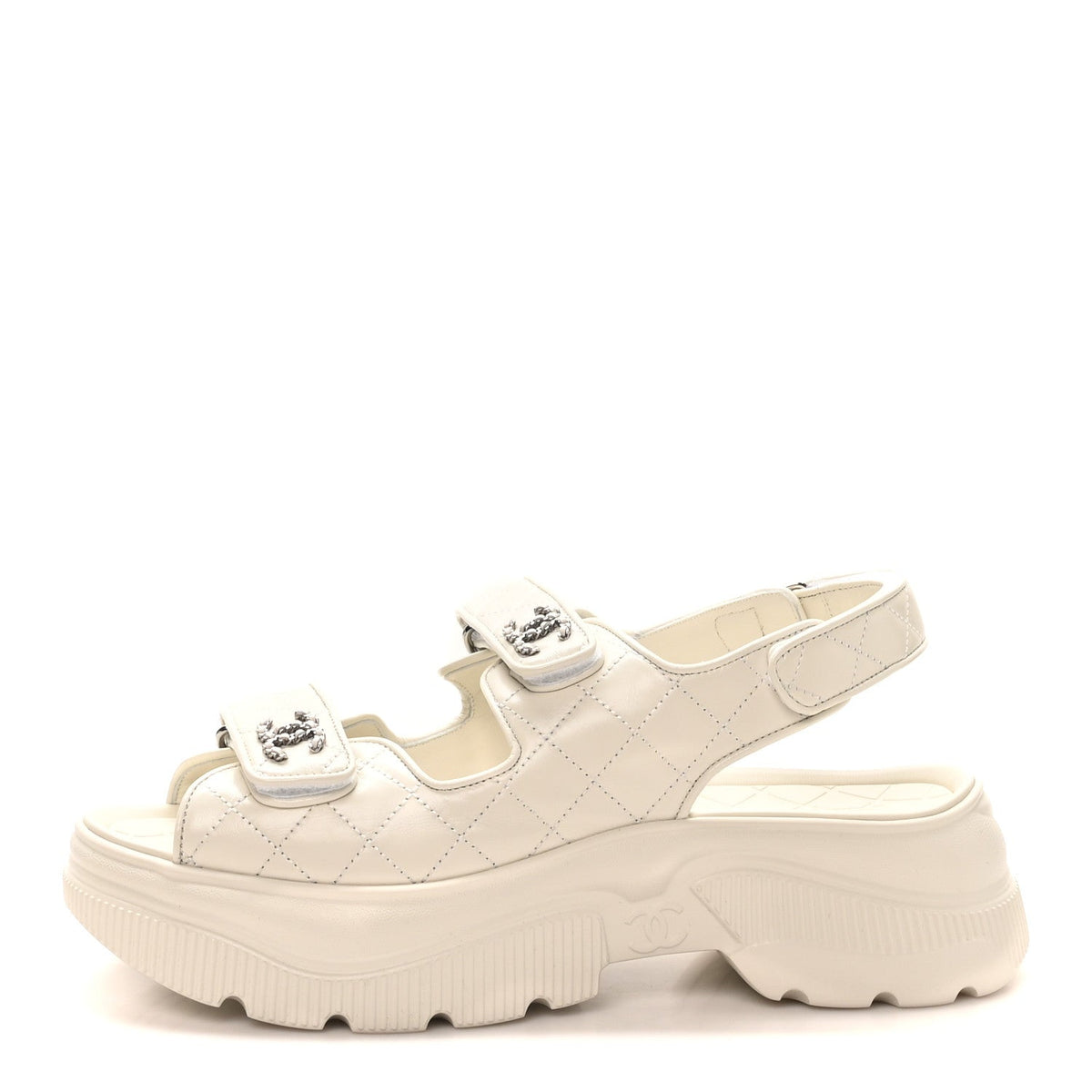 Shiny Calfskin Chain CC Velcro Dad Platform Sandals White