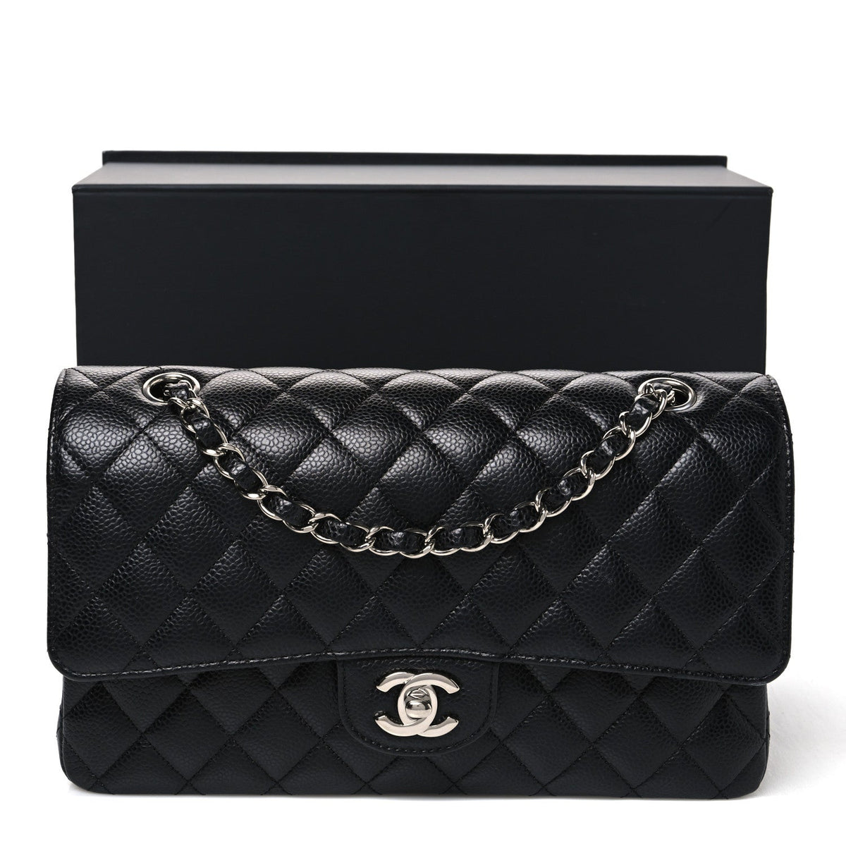 Medium Quilted Caviar Flap Shoulder Bag - Black