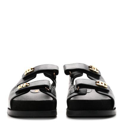 Chanel Lambskin Velcro Dad Chain CC Women's Slide Sandals Black