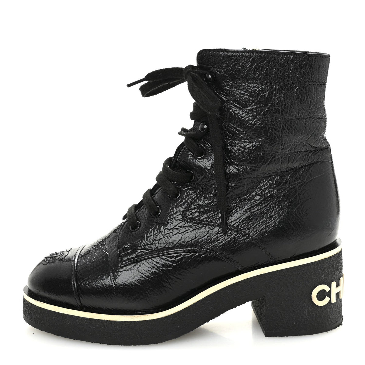 Shiny Crumpled Lambskin Lace Up Combat Boots Black